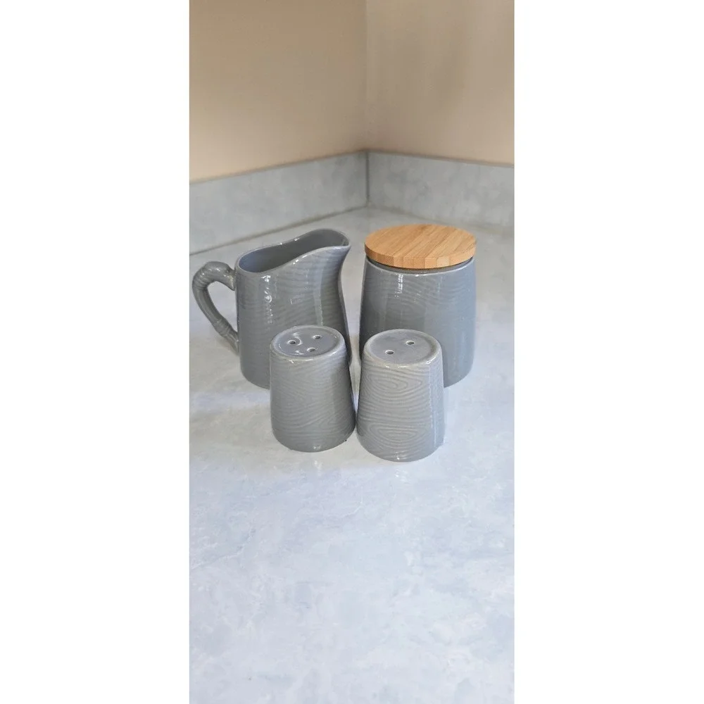 Temp-tations by Tara Woodland Grey Ceramic Creamer Sugar Salt Pepper Set 4pc